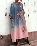 Women's Vacation Gradient Irregular Flowers Embroidery Denim Dress 2758