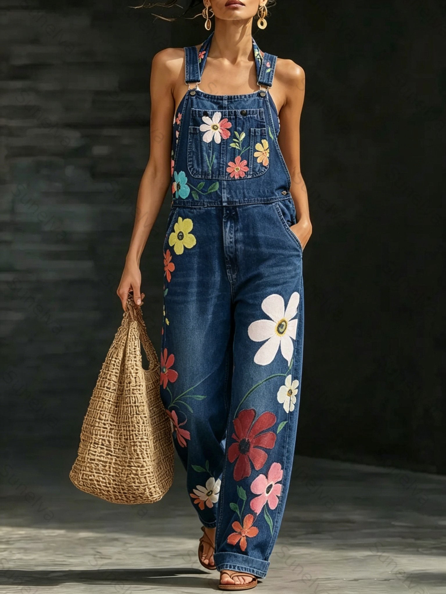 Women's Washed Denim Loose-Fit Sleeveless Jumpsuit with Straps  6604