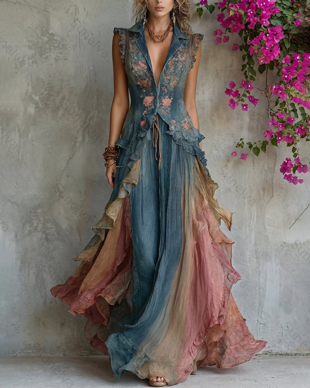 Women's Summer Elegant Floral Embroidered Patchwork Linen Dress 4507