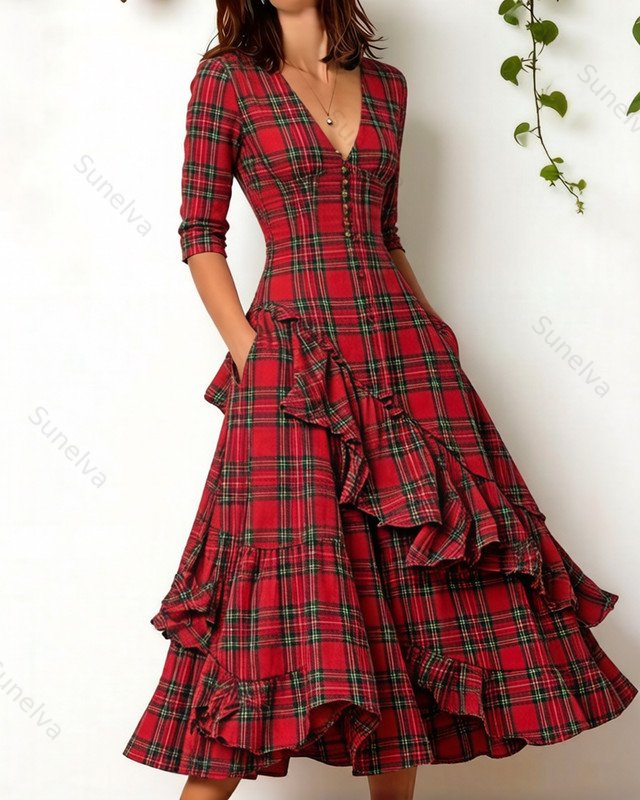 Women's elegant irregular ruffled linen patchwork dress 1751