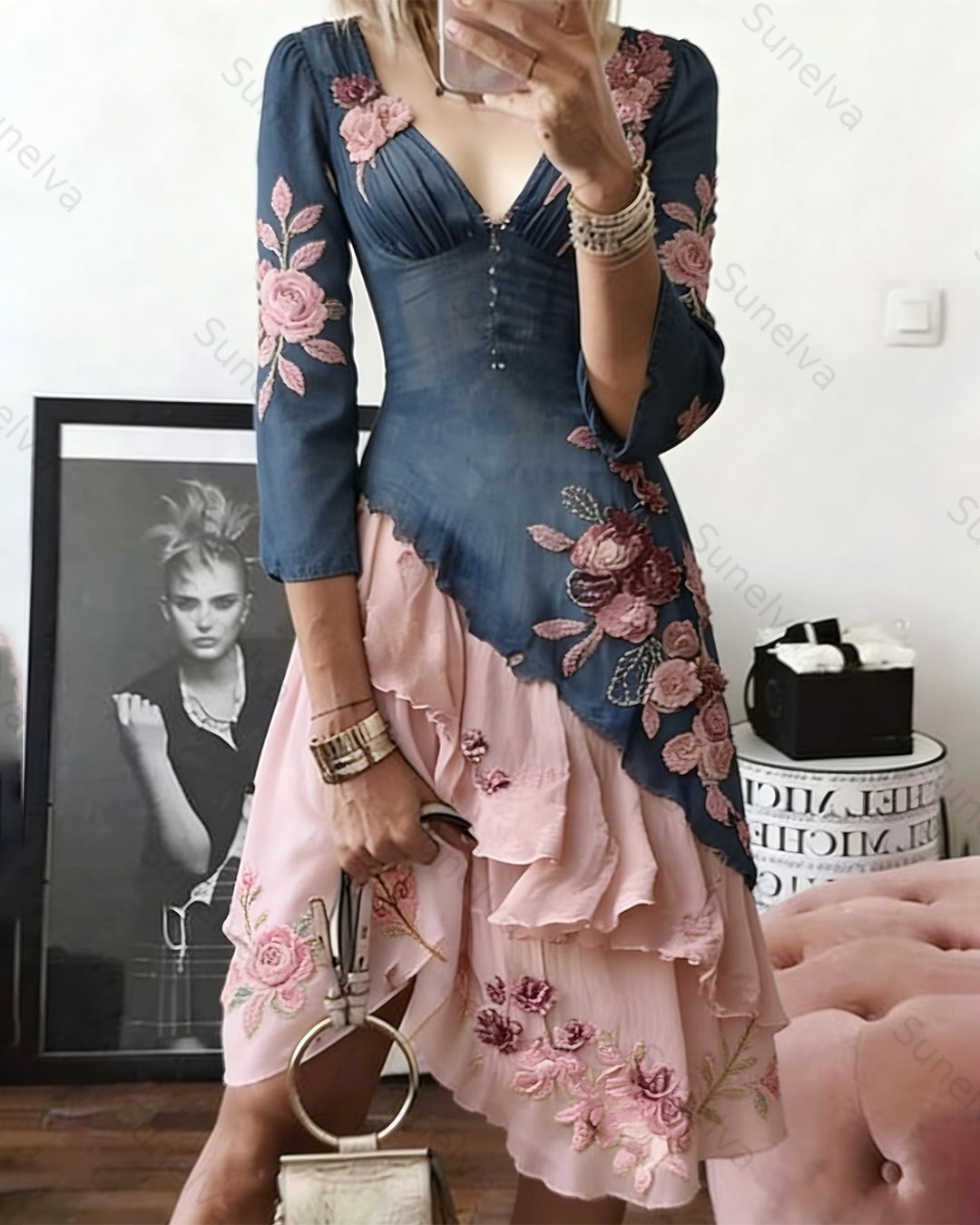 Women's Summer Flowers Embroidery Irregular Ruffle Linen Patchwork Dress 2804