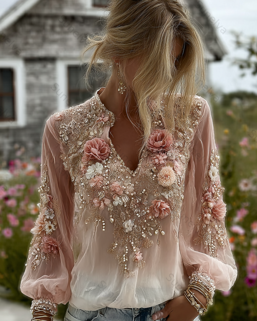 Women's Elegant Floral Embroidered Summer Top  4410