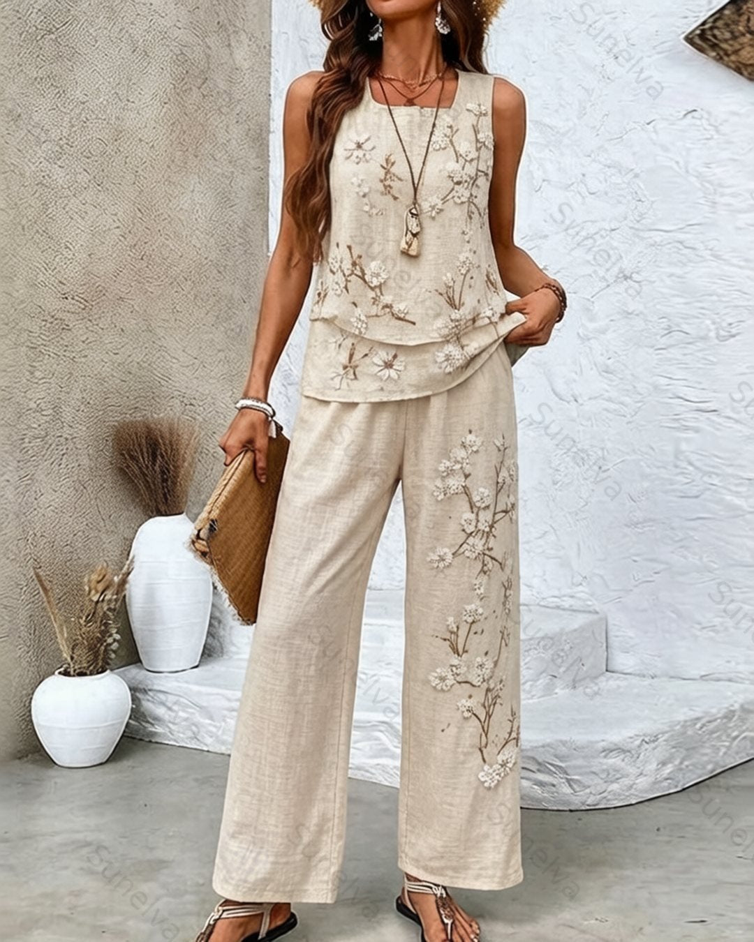 Women's Summer Resort Floral Embroidered Linen Sleeveless Top & Pants Two-Piece Set 1328