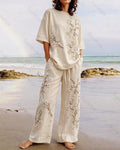 Women's Summer Resort Floral Embroidered Linen short-sleeved top & Pants Two-Piece Set   6975