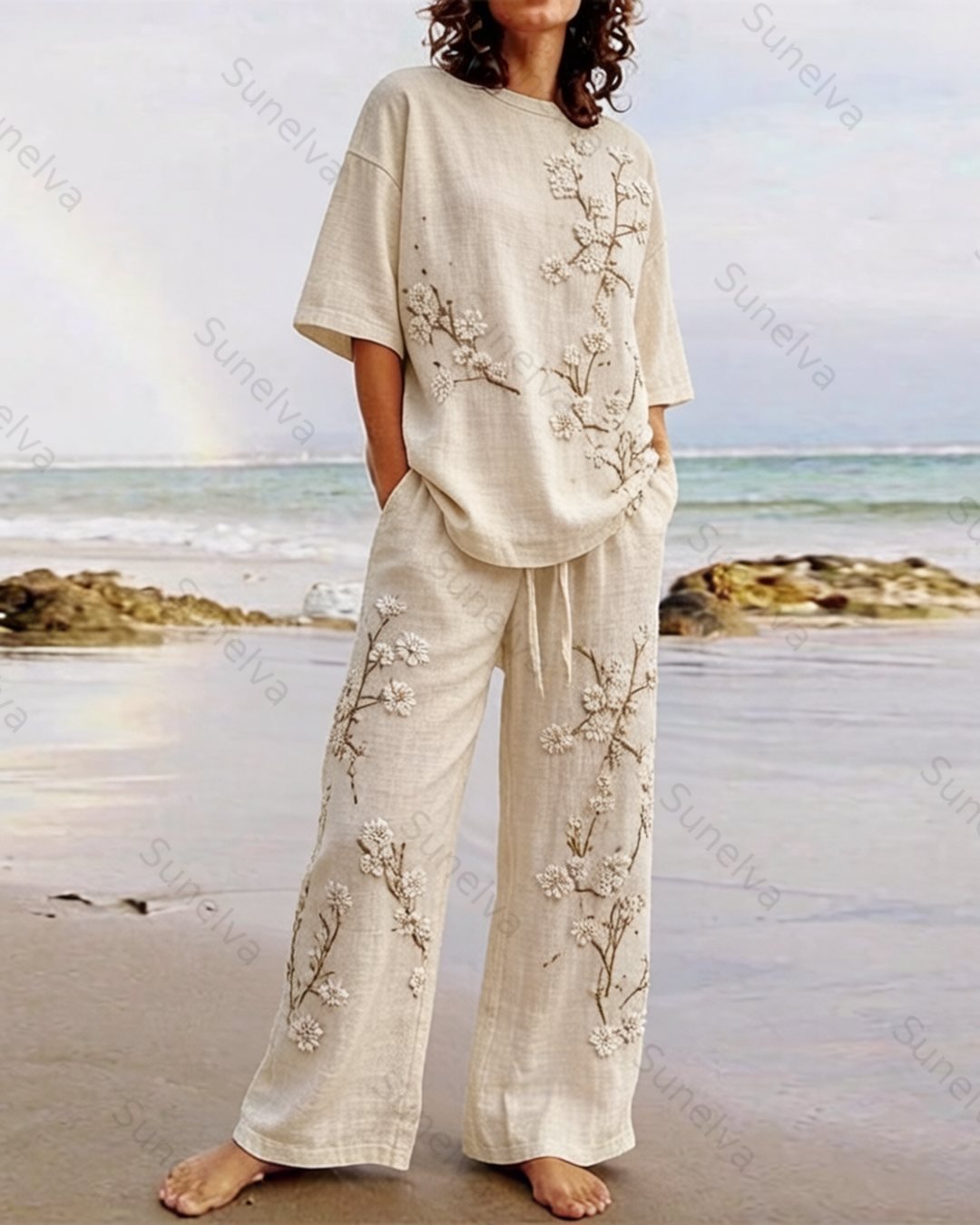 Women's Summer Resort Floral Embroidered Linen short-sleeved top & Pants Two-Piece Set   6975