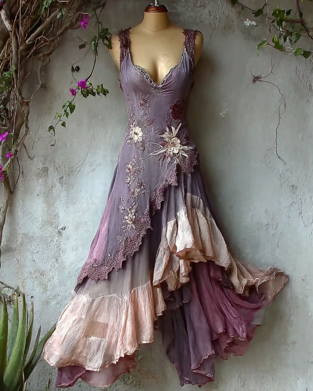 Women's Elegant Gradient Irregular Ruffle Flowers Embroidery Dress 8507