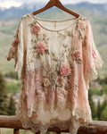 Women's Summer Floral Embroidered Color-Blocked Short-Sleeve Top 7754