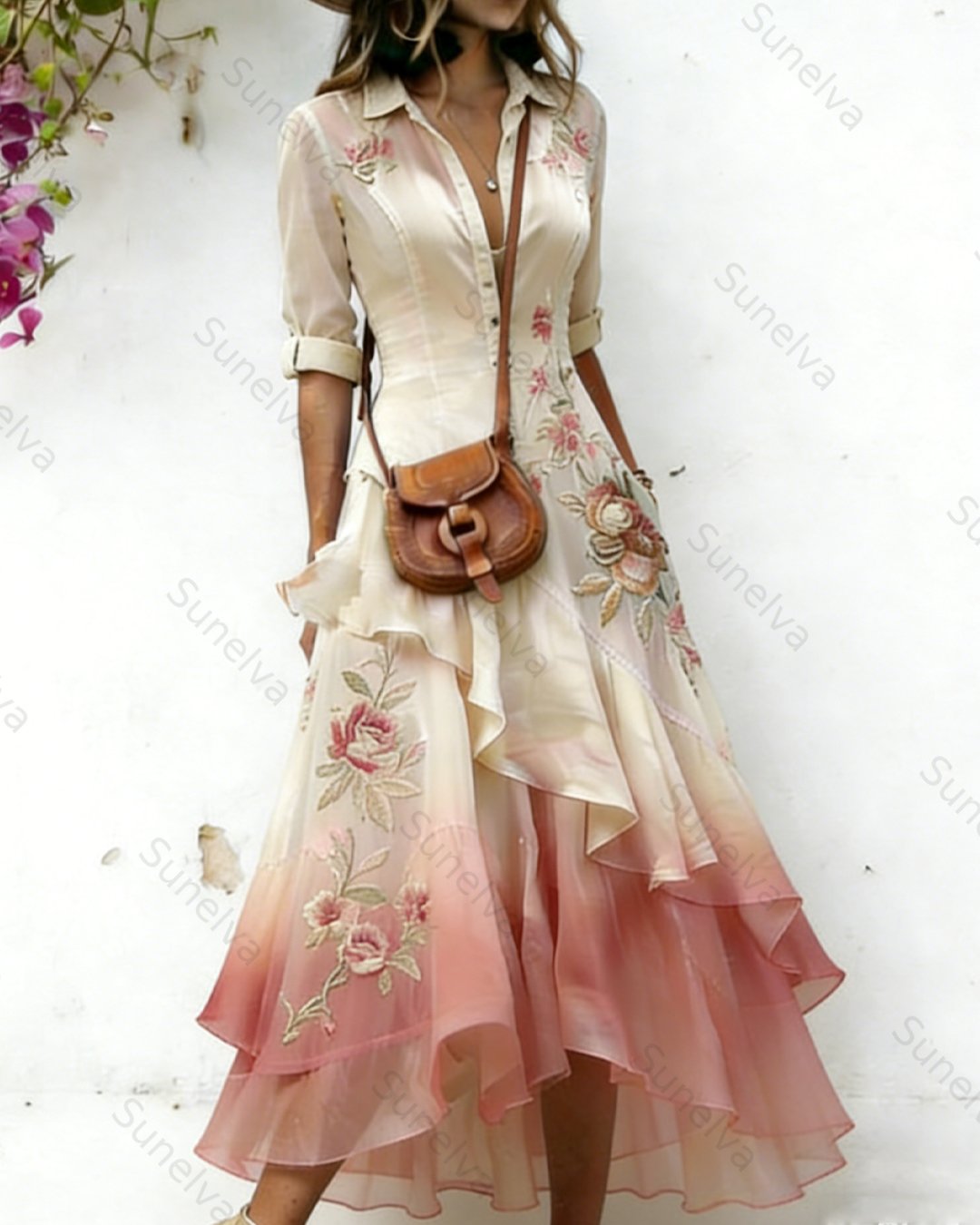 Women's elegant floral embroidered irregular ruffled linen patchwork dress 9623