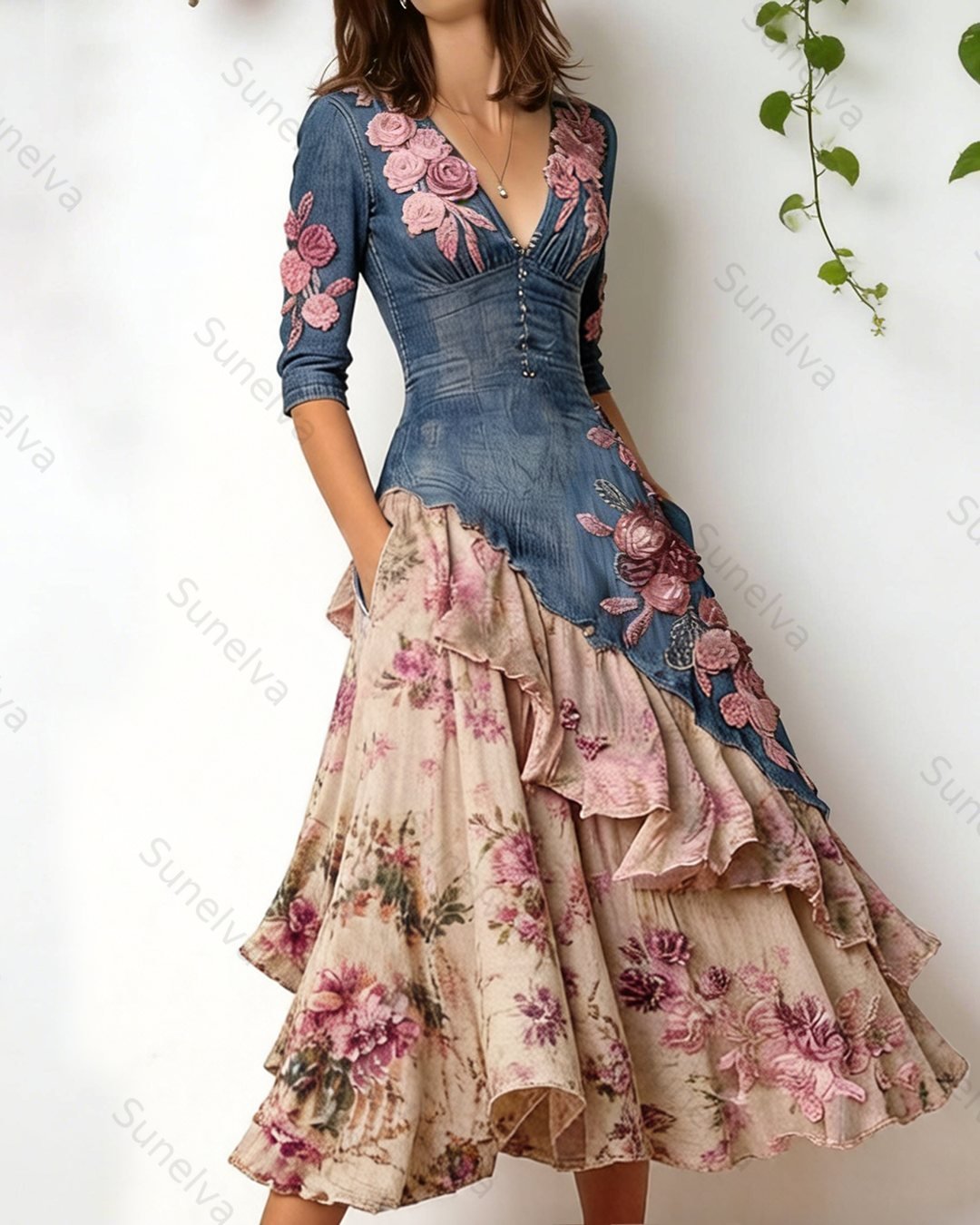 Women's Summer Floral Embroidered Color-Blocked Spaghetti-Strap Dress 4846
