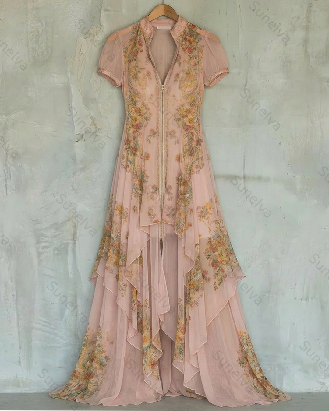Women's Elegant Flowers Print Irregular Ruffle Mesh Dress 4158