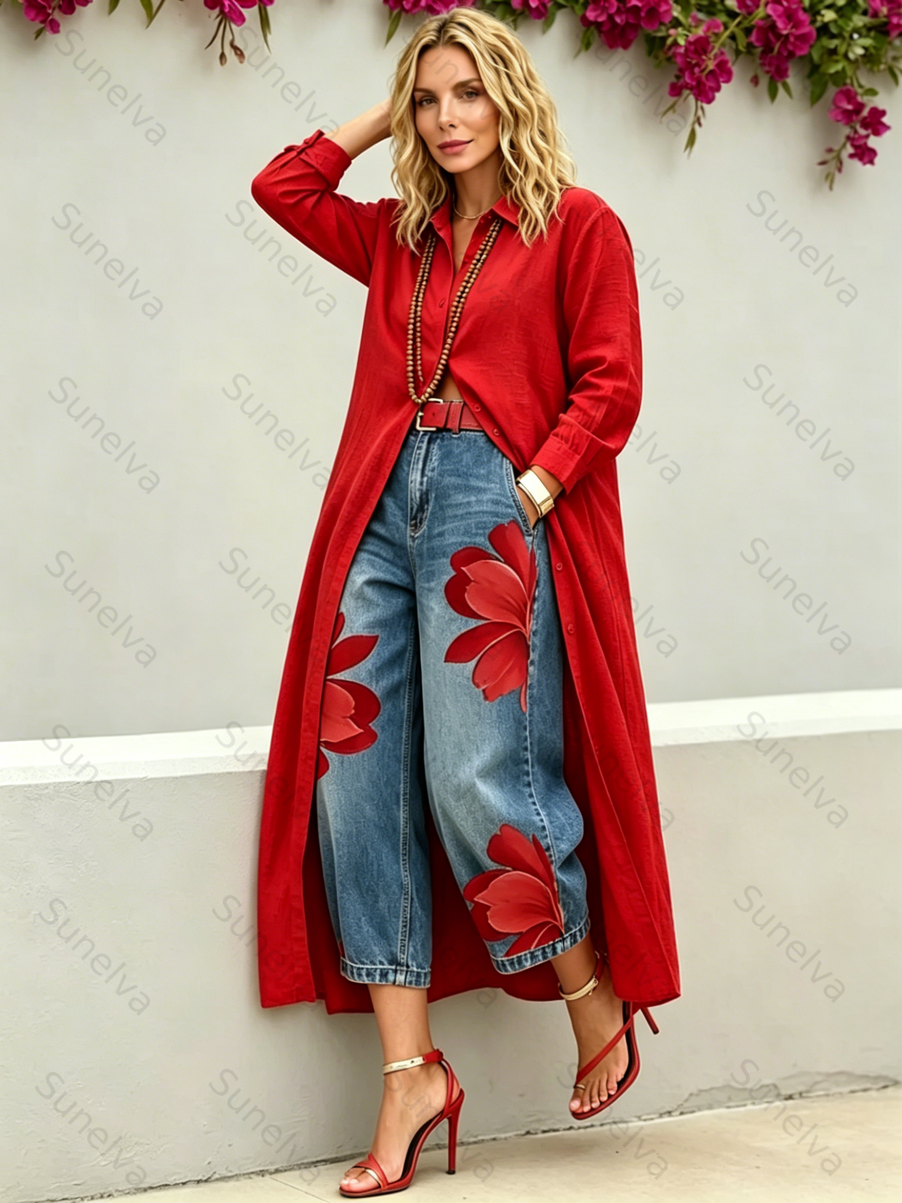 Women Casual Red Flower Jeans 9a69