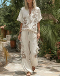 Women's Summer Floral Embroidered Linen Short-Sleeve Top and Long Pants Set 3562