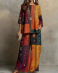 Women's Summer Resort Set with Star and Moon Embroidery and Rainbow Patchwork Linen Short-Sleeve Top & Pants  5402