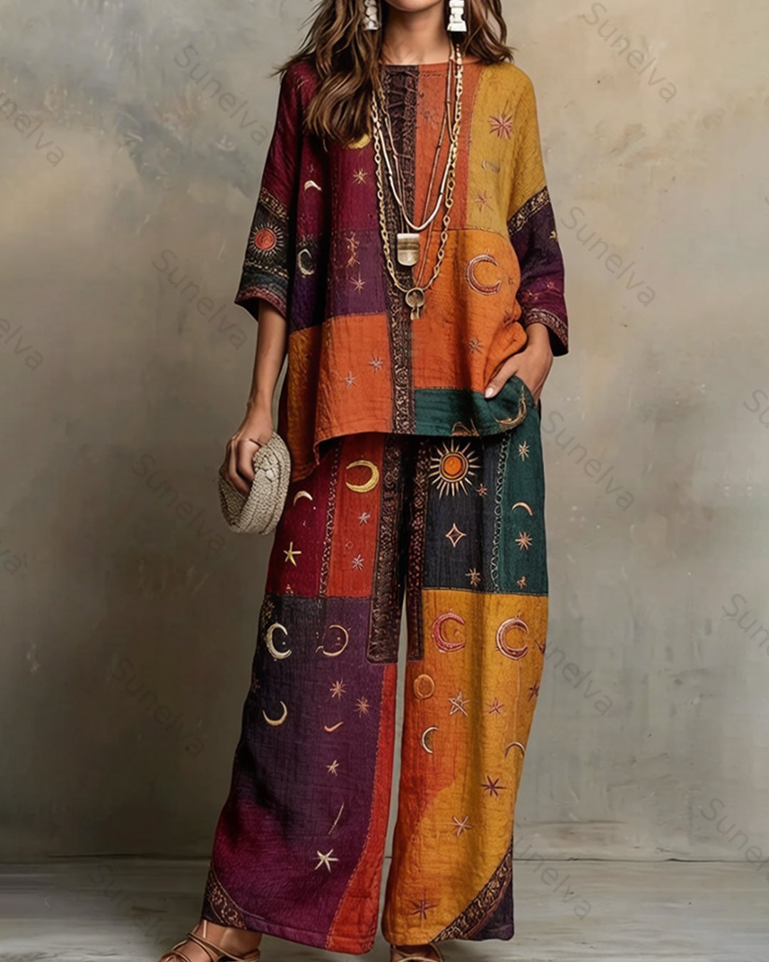 Women's Summer Resort Set with Star and Moon Embroidery and Rainbow Patchwork Linen Short-Sleeve Top & Pants  5402