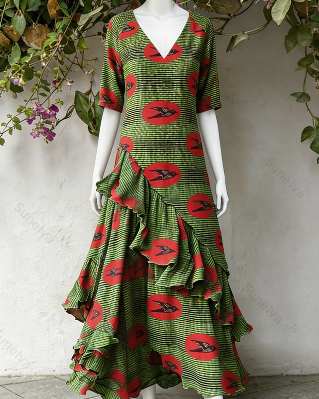 Women's Vacation Contrasting Color Irregular Ruffle Linen Dress 7770