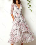Women's Retro Elegant Floral Print Irregular Ruffle Patchwork Linen Dress 4031