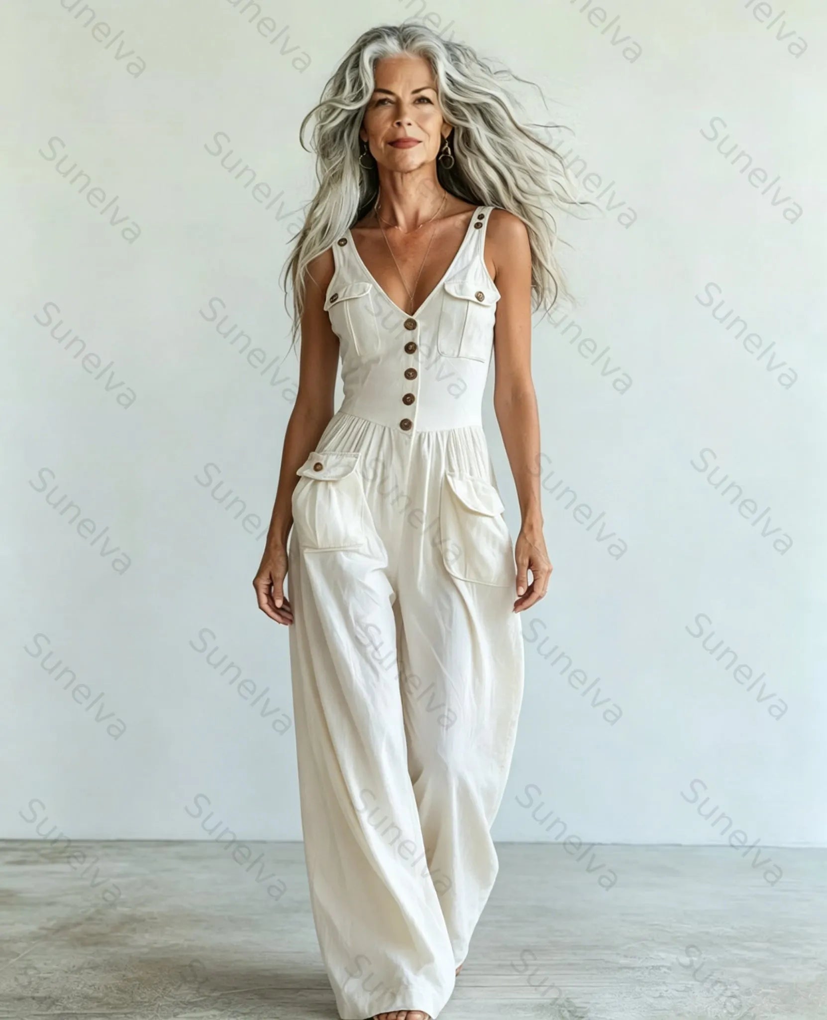 Women's Washed Denim Loose-Fit Sleeveless Jumpsuit with Straps5355