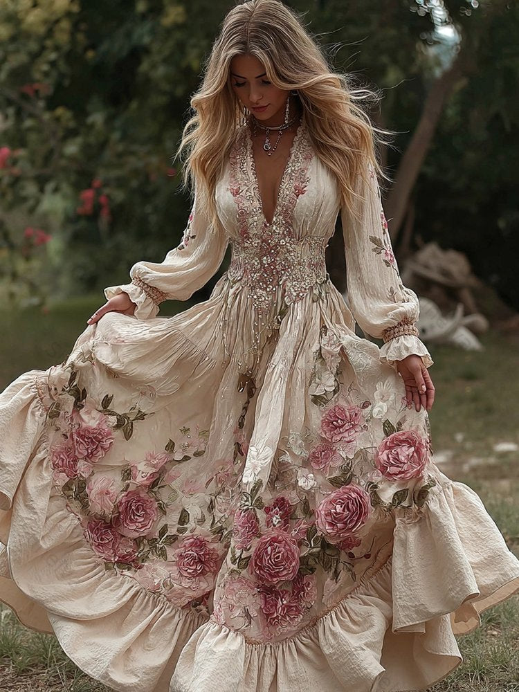 Comstylish Women's Vintage Roses Embroidery Art V-neck Long Sleeves Maxi Dress fb60