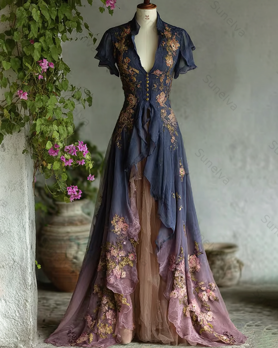 Women's Elegant Gradient Flowers Embroidery Irregular Mesh Dress 4255