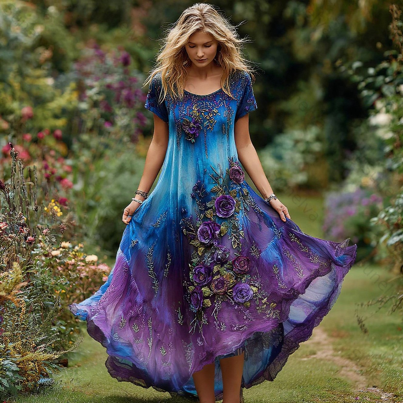 Women's Vintage Floral Embroidery Gradient Pattern Round Neck Dress 5e0e