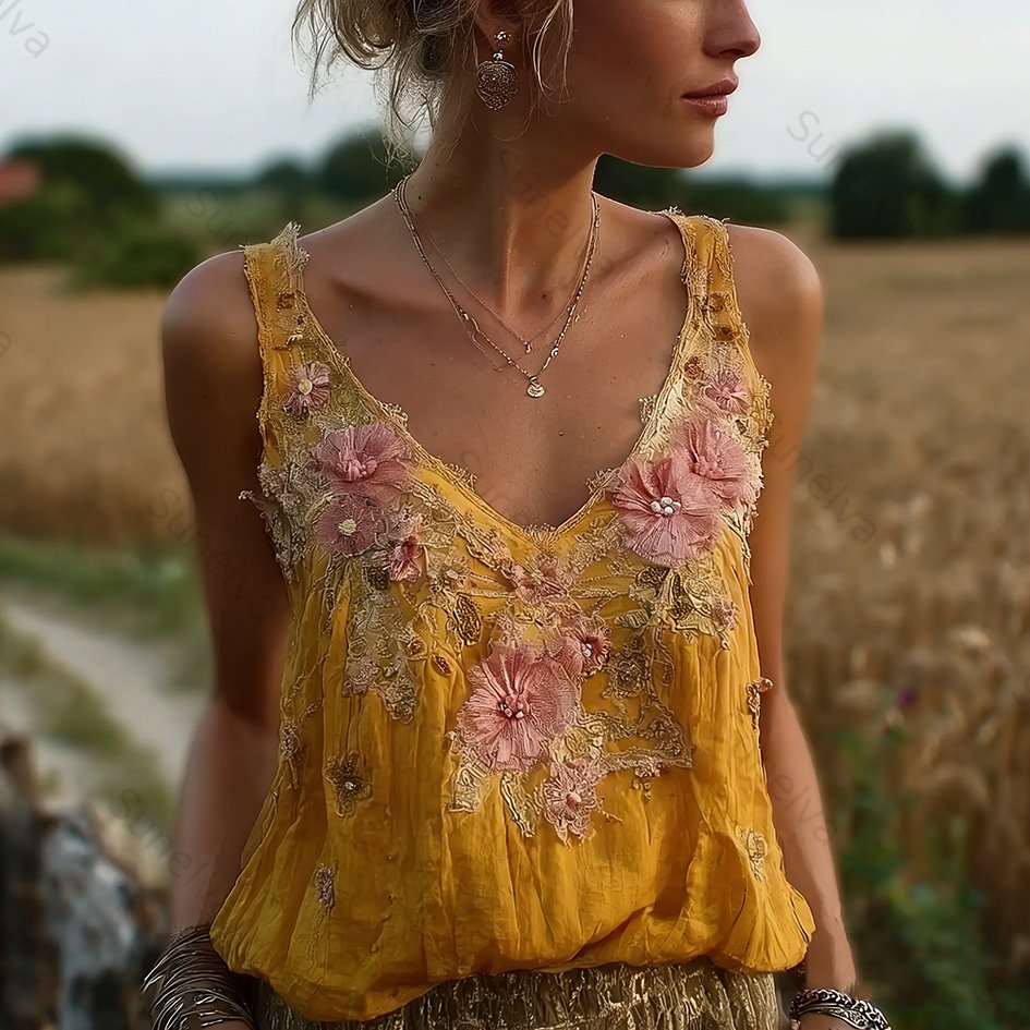 Bohemian Retro Pink Floral Pattern Women's Sleeveless Thin Shoulder Strap Vest 8990