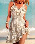 Women's Elegant Asymmetrical Ruffled Linen Floral Dress 2431