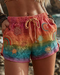 Women's Summer Star and Moon-Themed Embroidered Shorts 8495