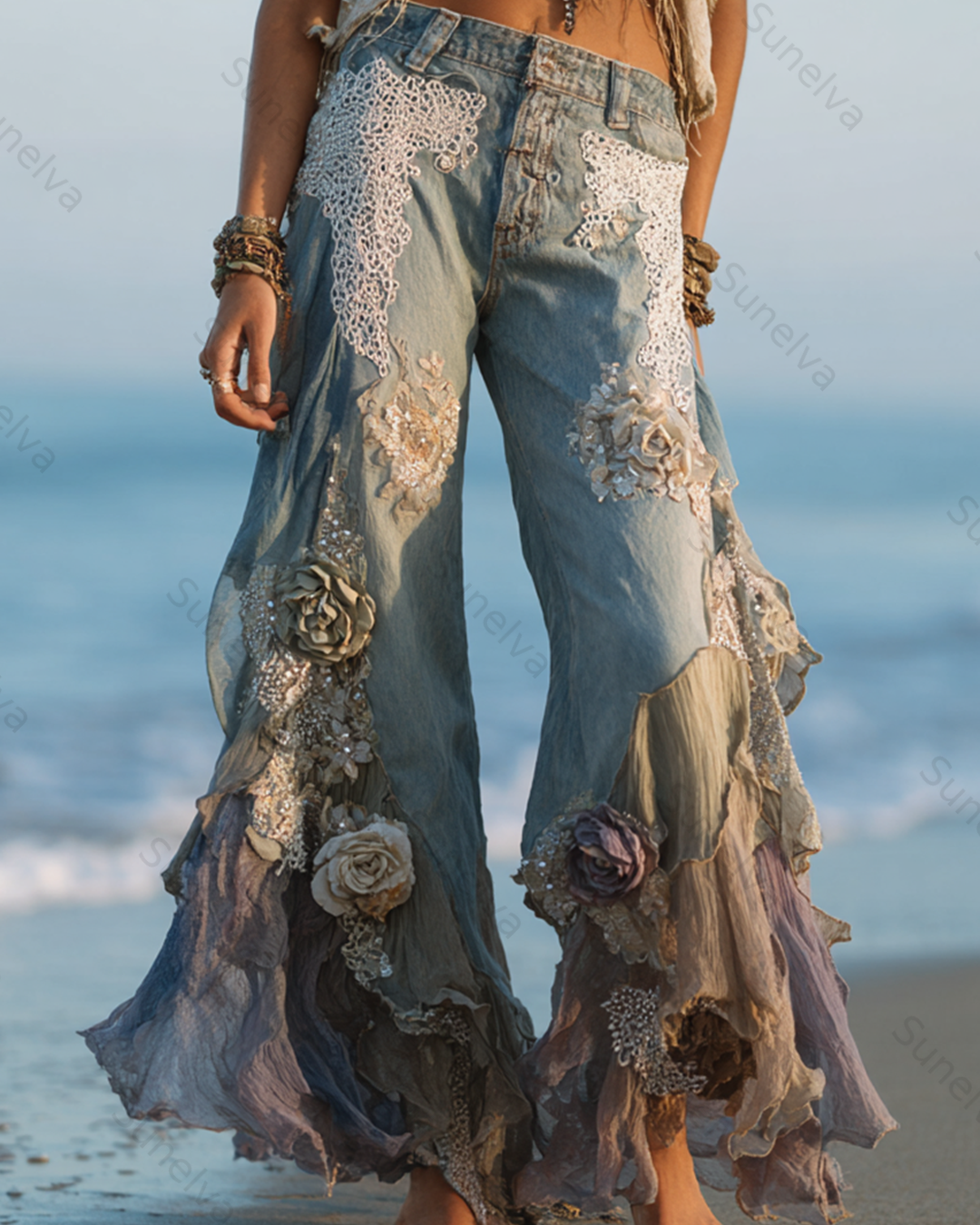Women's Outdoor Fashion Floral Embroidery Color Block Gradient Denim Linen Pants 2099
