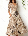 Women's elegant irregular ruffled linen patchwork dress 8504