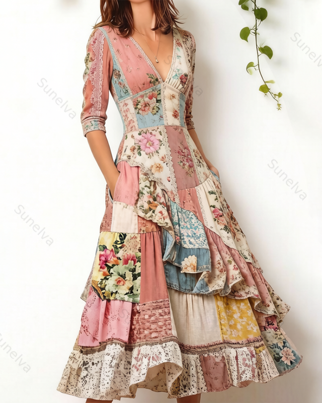 Women's Elegant Floral Embroidered Dress with Asymmetrical Ruffle Splicing 4216
