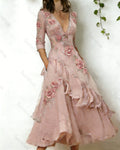 Women's elegant floral embroidered irregular ruffled linen patchwork dress 3126