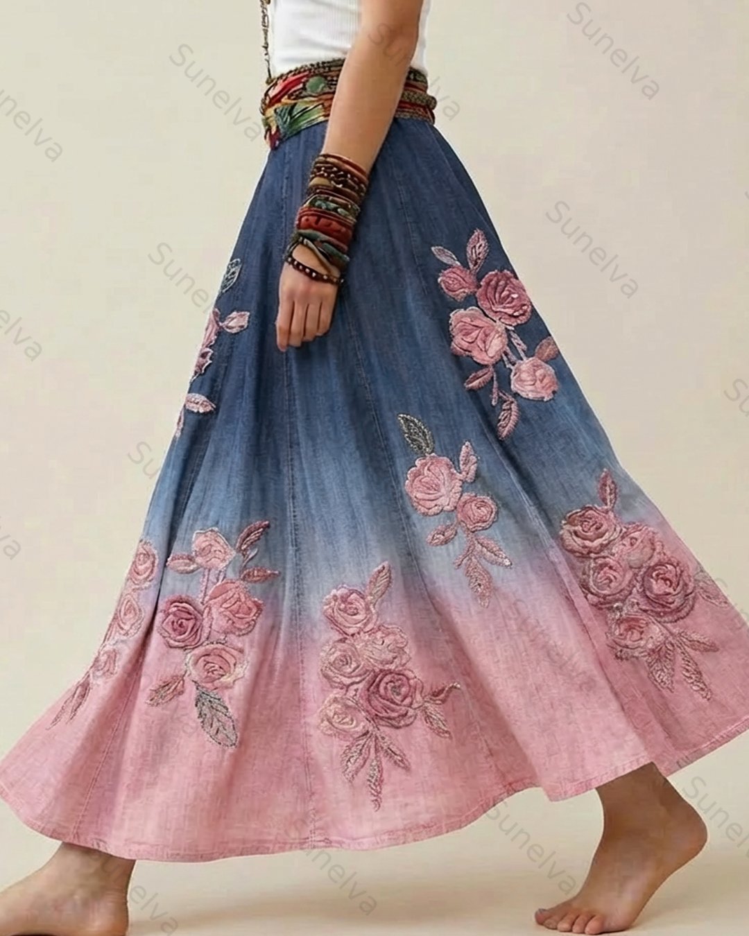Women's elegant floral embroidered tie-dye irregular ruffled linen patchwork sleeveless dress   1804