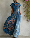 Women's Summer Elegant Floral Embroidered Patchwork Linen Dress 9405