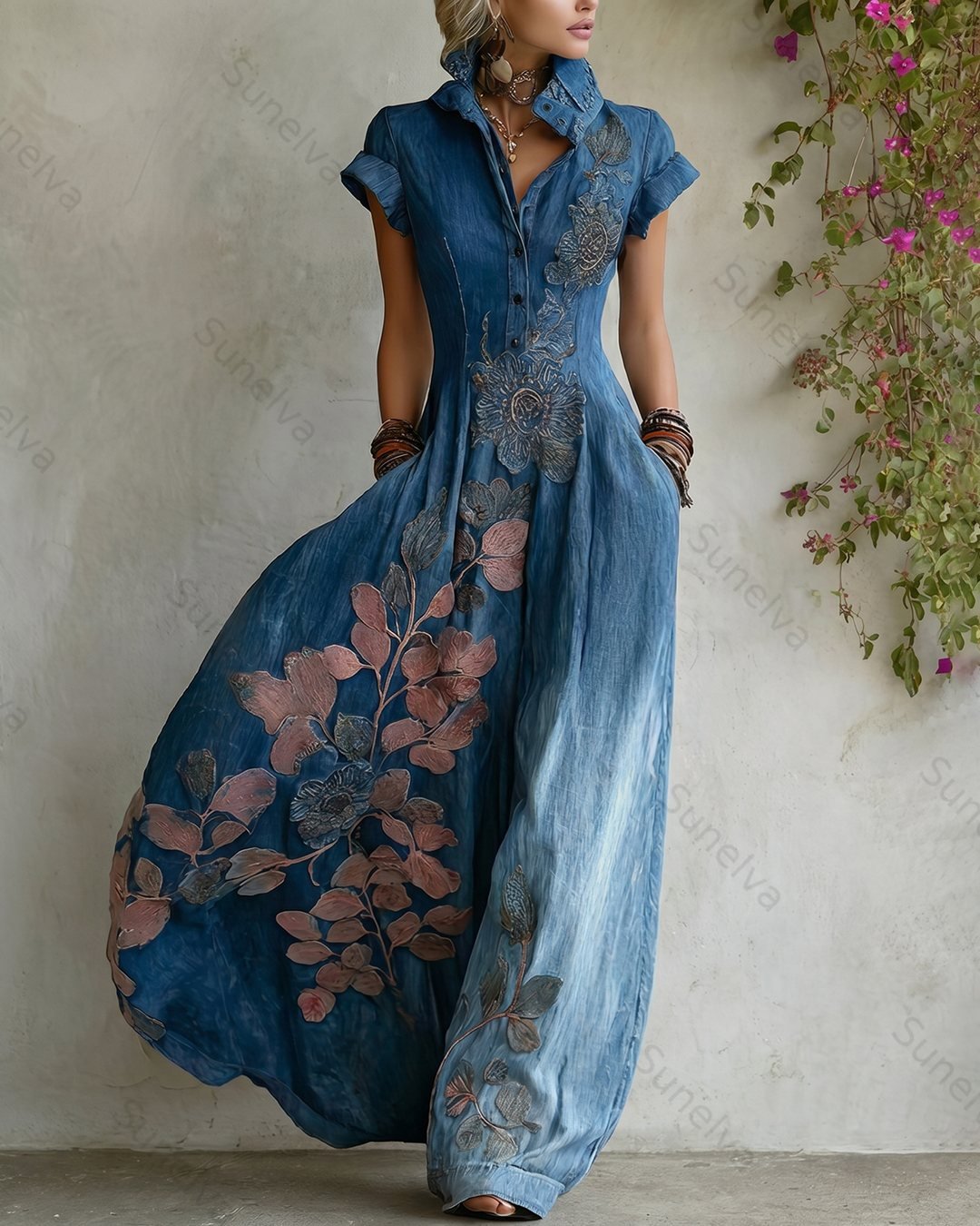 Women's Summer Elegant Floral Embroidered Patchwork Linen Dress 9405