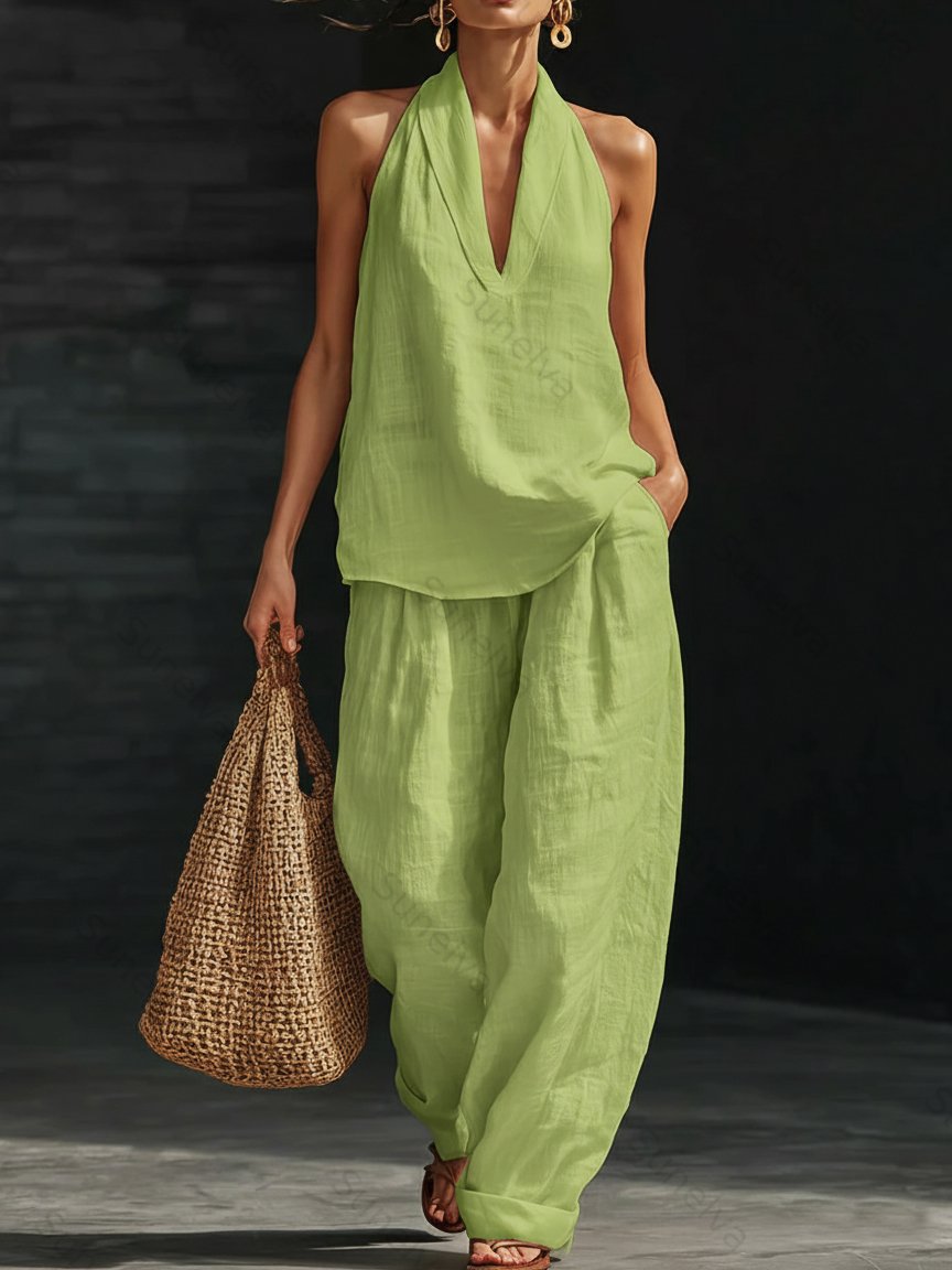 Casual And Cozy Minimalist Linen Two-piece Set 7054