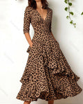 Women's Retro Elegant Leopard Print Irregular Ruffle Linen Patchwork Dress 6703
