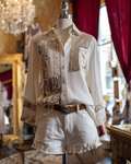 Women's Spring Retro Patchwork Embroidered Shirt & Shorts Two-Piece Set 2199
