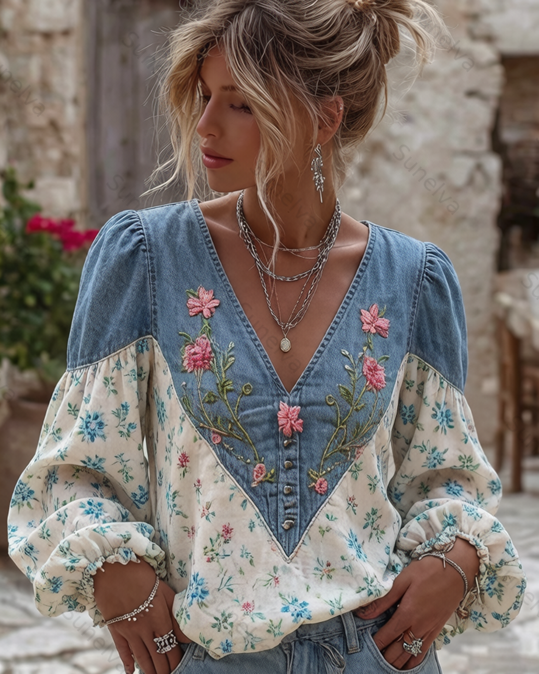 Women's Spring/Summer Fashion Floral Embroidered Top 4340