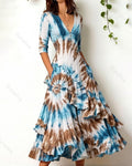 Women's Retro Elegant Tie-Dye Print Irregular Ruffle Patchwork Linen Dress 7506