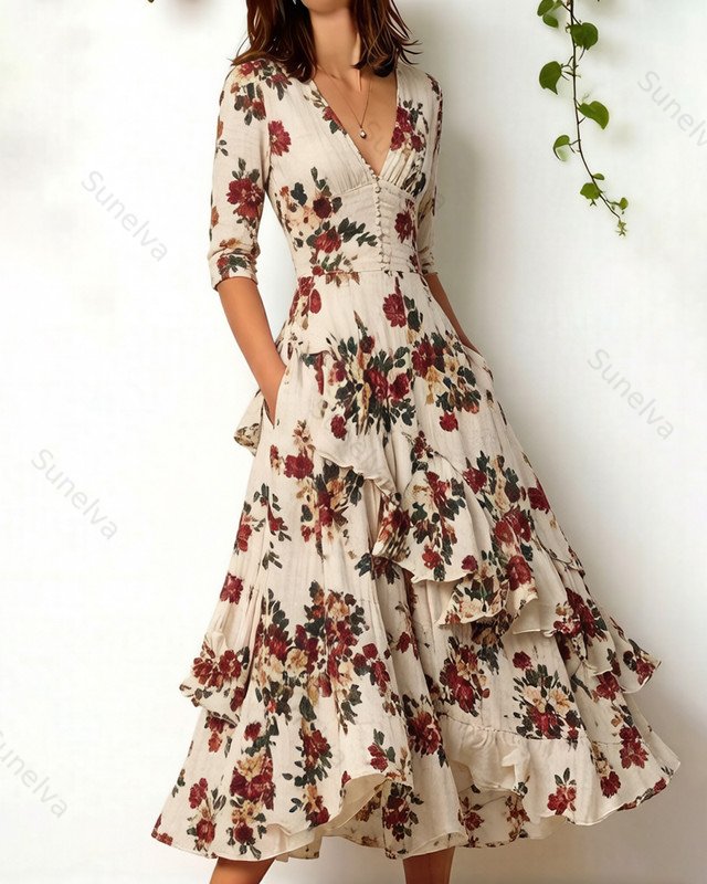 Women's Retro Elegant Floral Print Irregular Ruffle Patchwork Linen Dress 5502