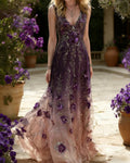 Women's Summer Elegant Floral Embroidery Rhinestone Gradient Linen Sundress  2785