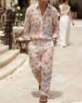 Men's Fashion Color-Blocked Print Long-Sleeve Shirt and Pants Two-Piece Set 4170
