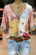 Bohemian Style Linen Floral Art Print  Long Sleeve Shirt b371