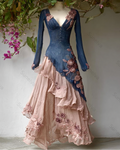 Women's Spring Elegant Flowers Irregular Ruffle Linen Dress 4547