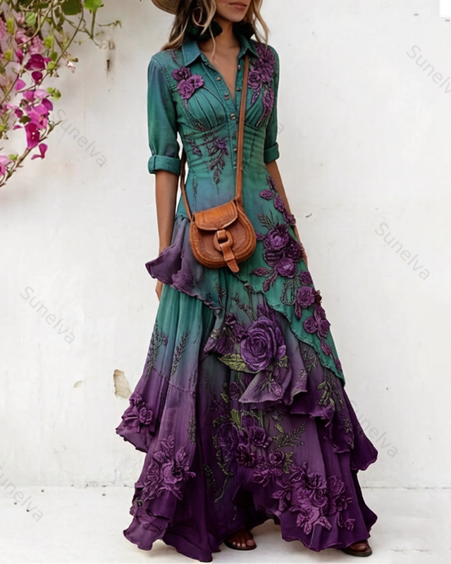 Women's Elegant Floral Embroidered Ombré Dress with Asymmetrical Ruffles 8955