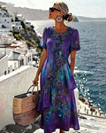 Women's Elegant Asymmetrical Ruffled Linen Floral Dress 1371