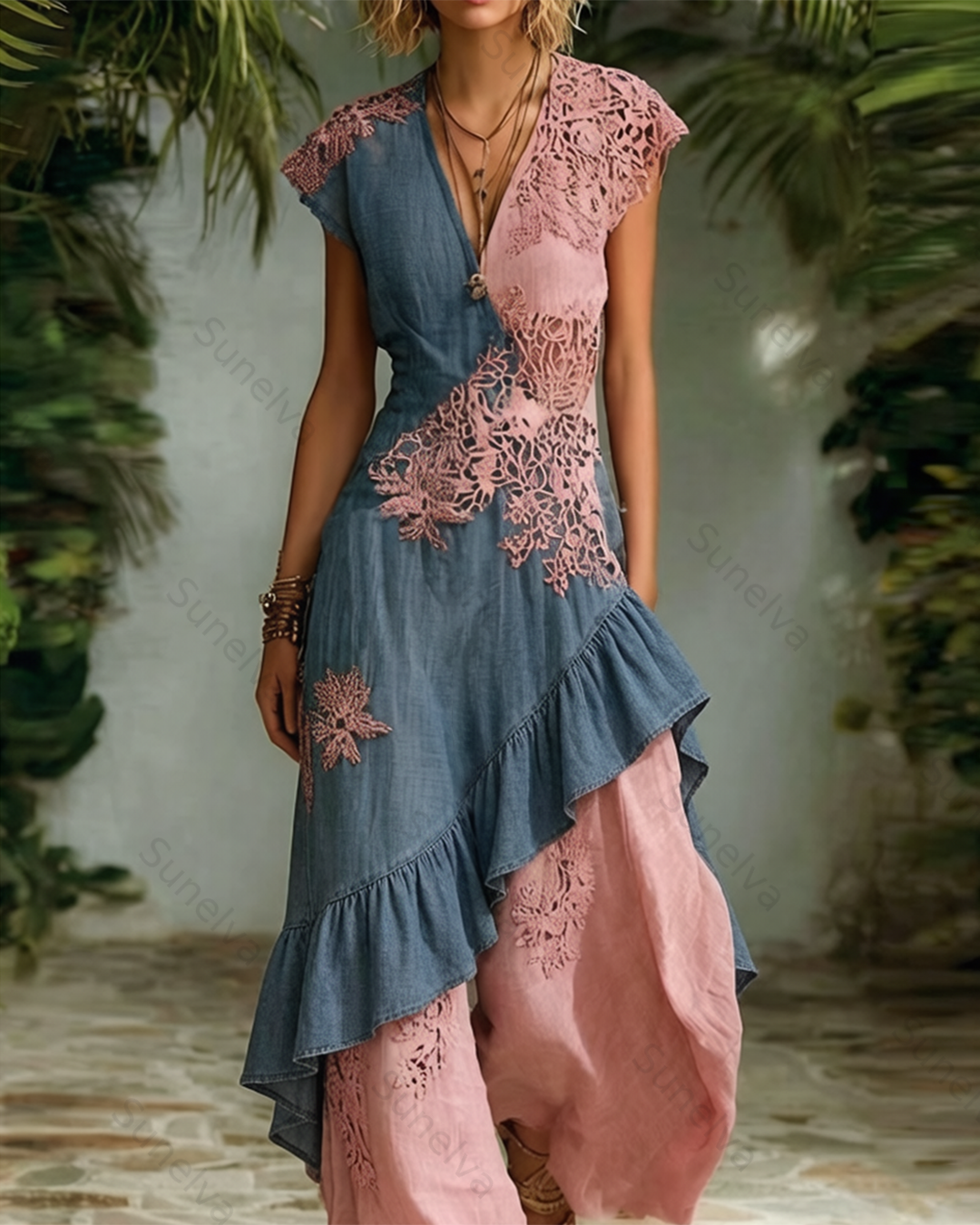 Women's Summer Contrast-Color Floral Embroidered Patchwork Linen Dress  9227
