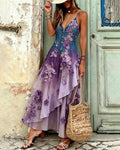 Women's Elegant Asymmetrical Ruffled Denim Patchwork Linen Floral Dress 1031
