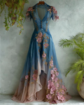 Women's Elegant Gradient Flowers Embroidery Irregular Mesh Dress 7062