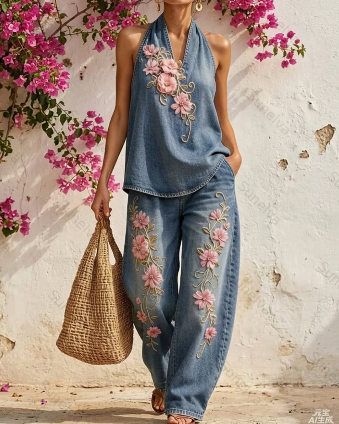 Women's Summer Floral Embroidered Washed Denim Top & Pants Two-Piece Set 6466